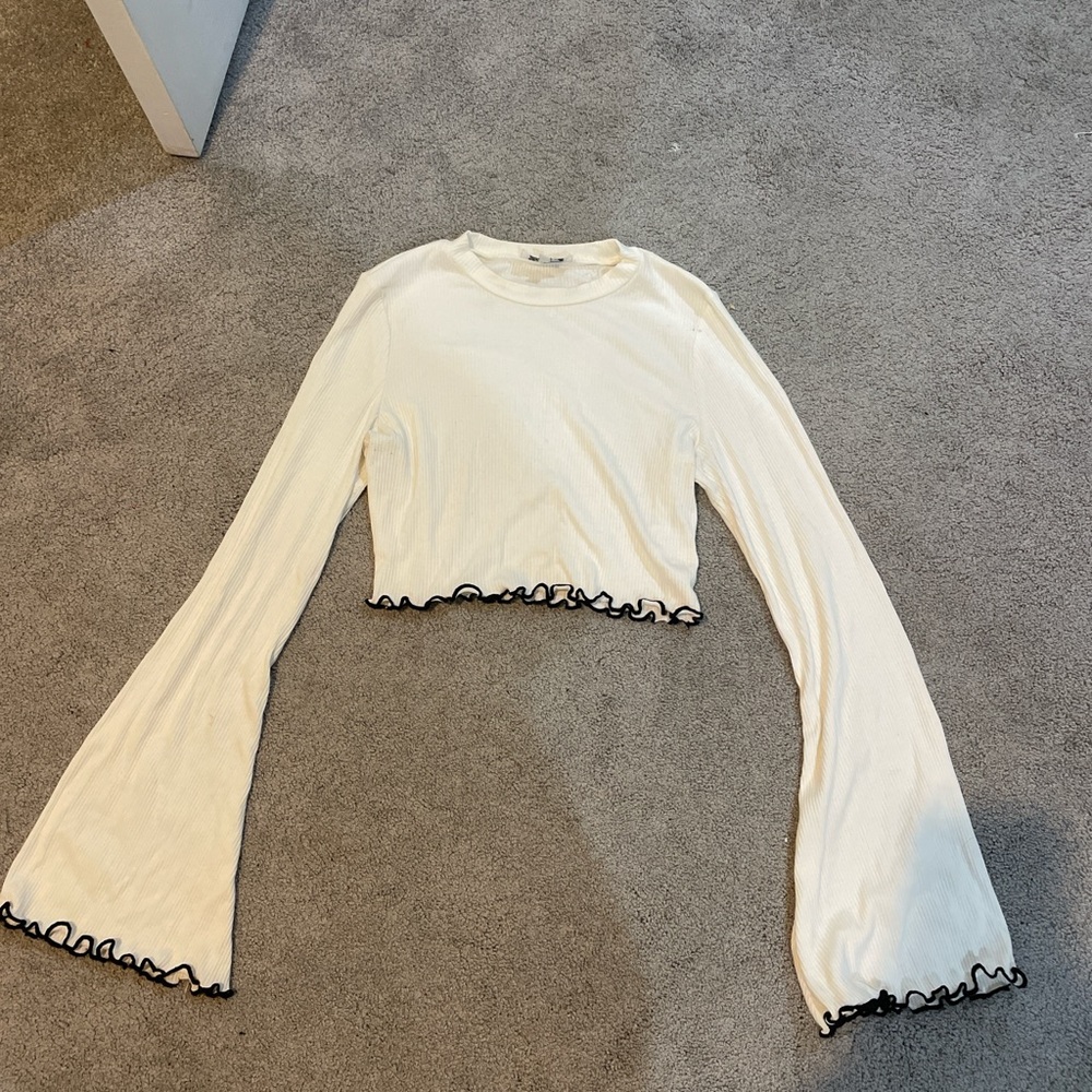 Sabo Skirt Cream Long Sleeve Top with Black Ruffle Trim